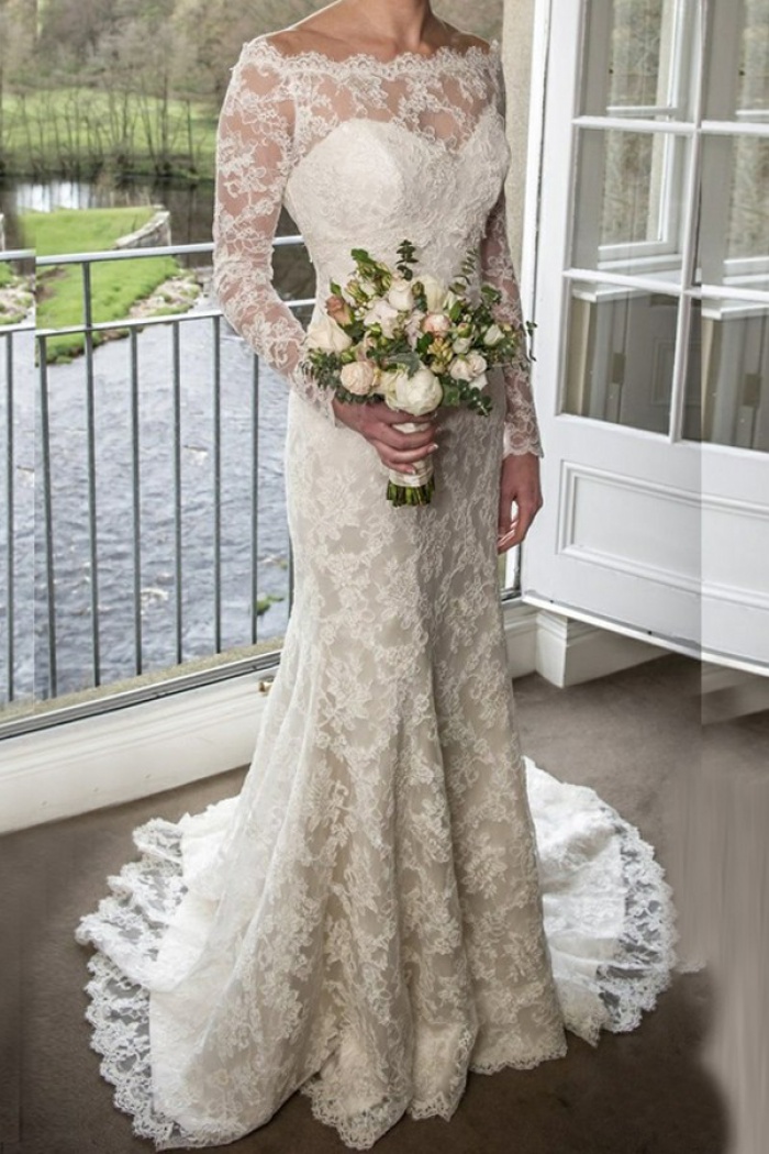 off shoulder sheath wedding dress