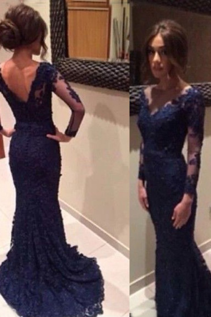 navy blue prom dress long sleeve