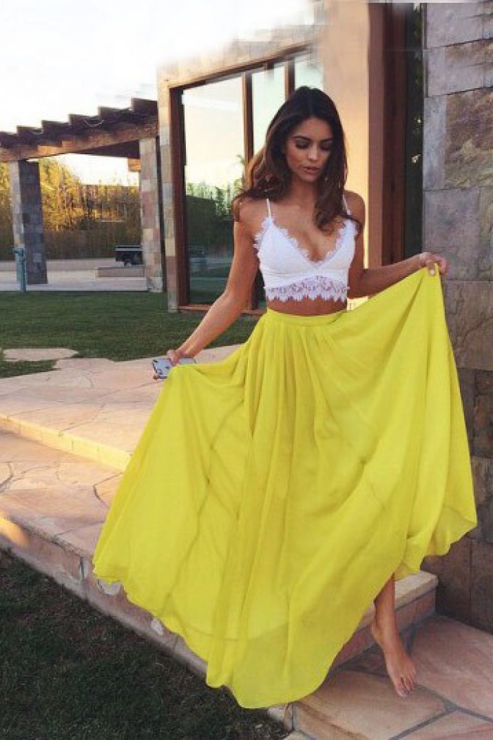 yellow two piece skirt and top