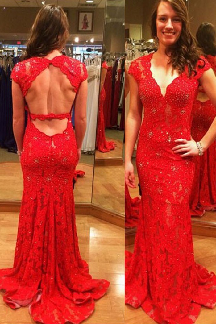 red lace backless dress