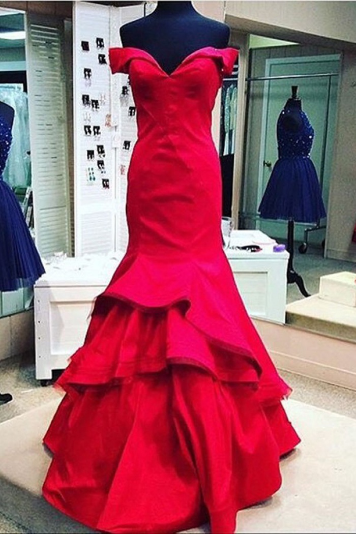 off shoulder red formal dress