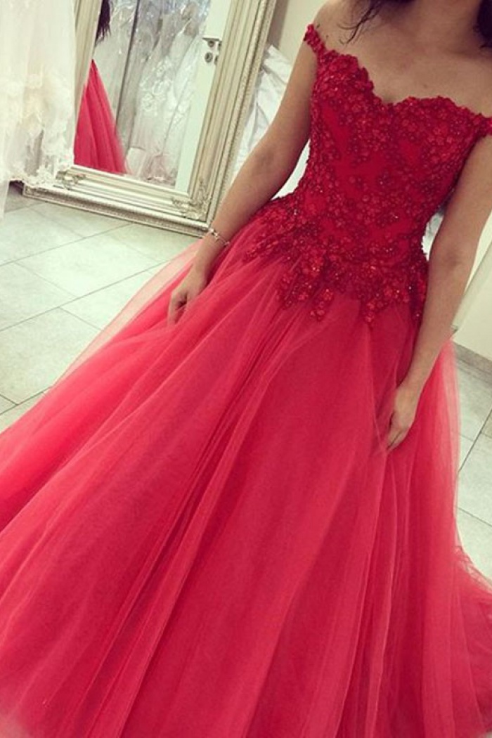 off shoulder ball gown prom