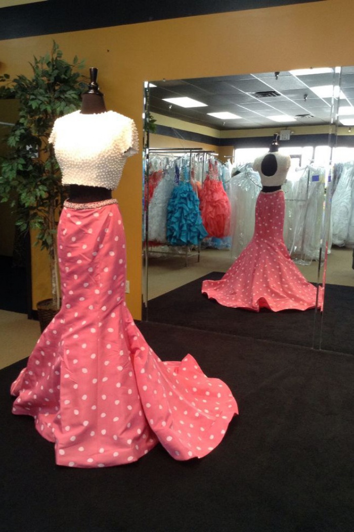 Two Piece Mermaid Prom Dress White Pearl Short Sleeves Polk Dots