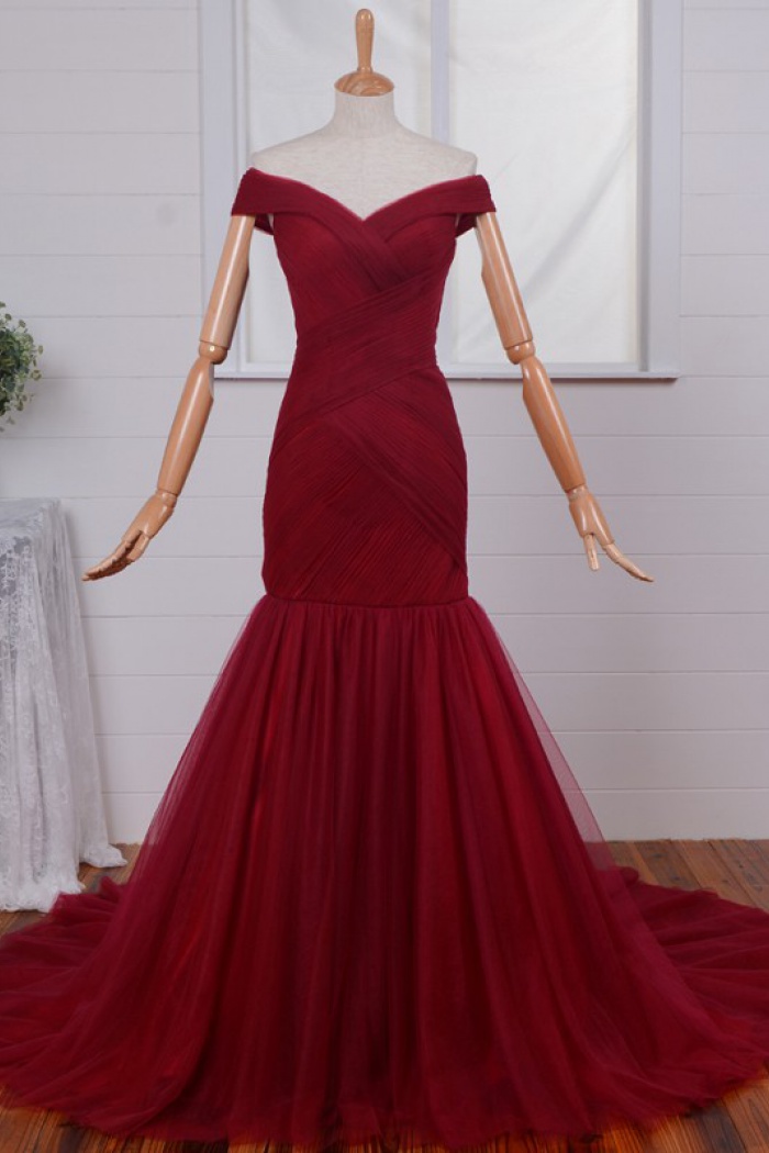 dark red off the shoulder prom dress