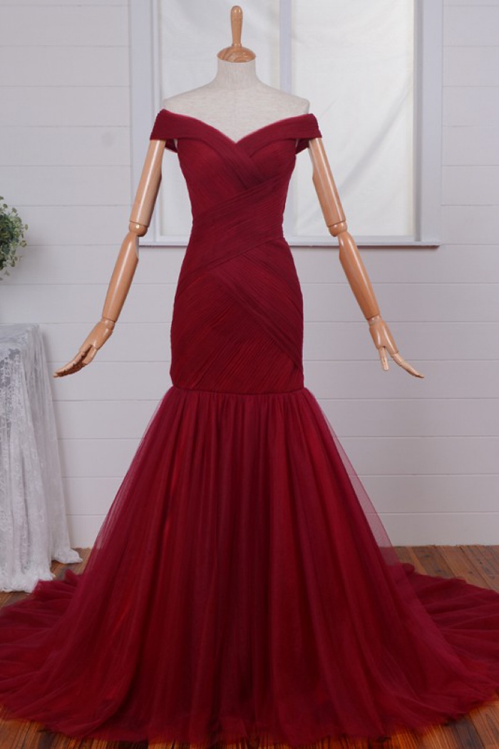 off the shoulder red mermaid prom dress