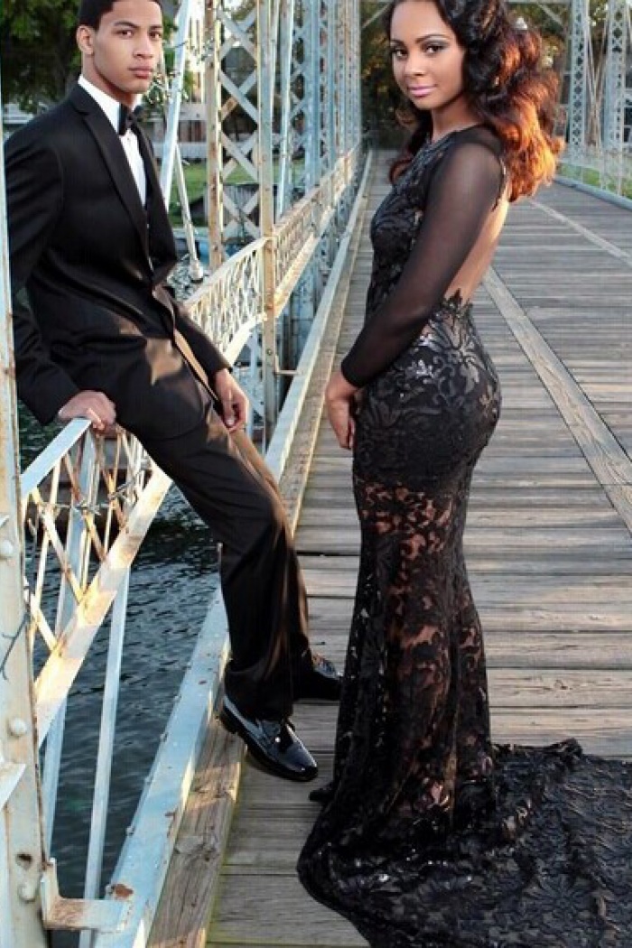 Sexy Backless Mermaid Black Lace Long 