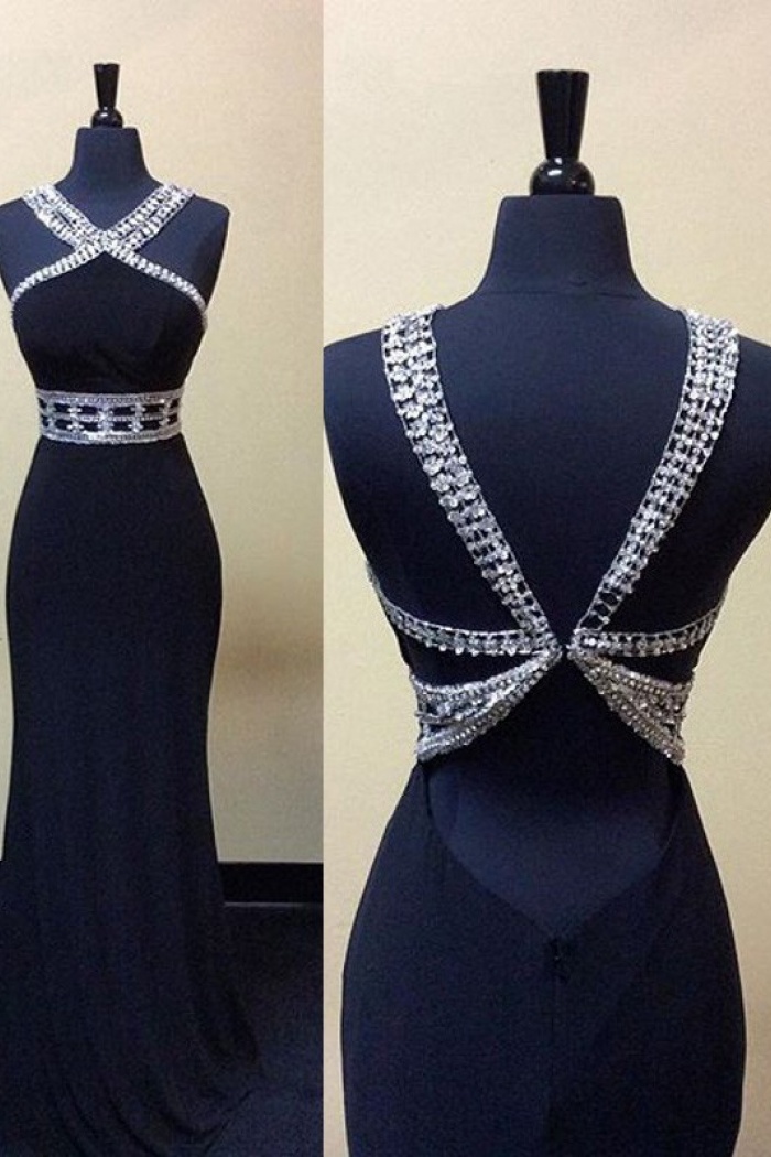 navy backless prom dress