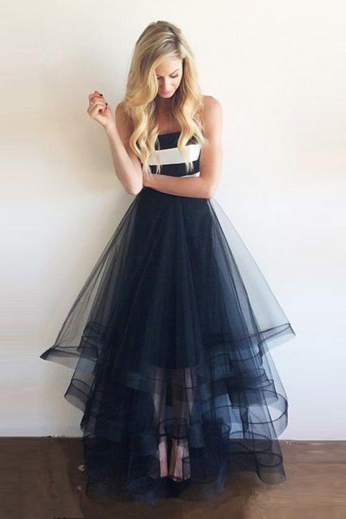 Navy Strapless Prom Dress