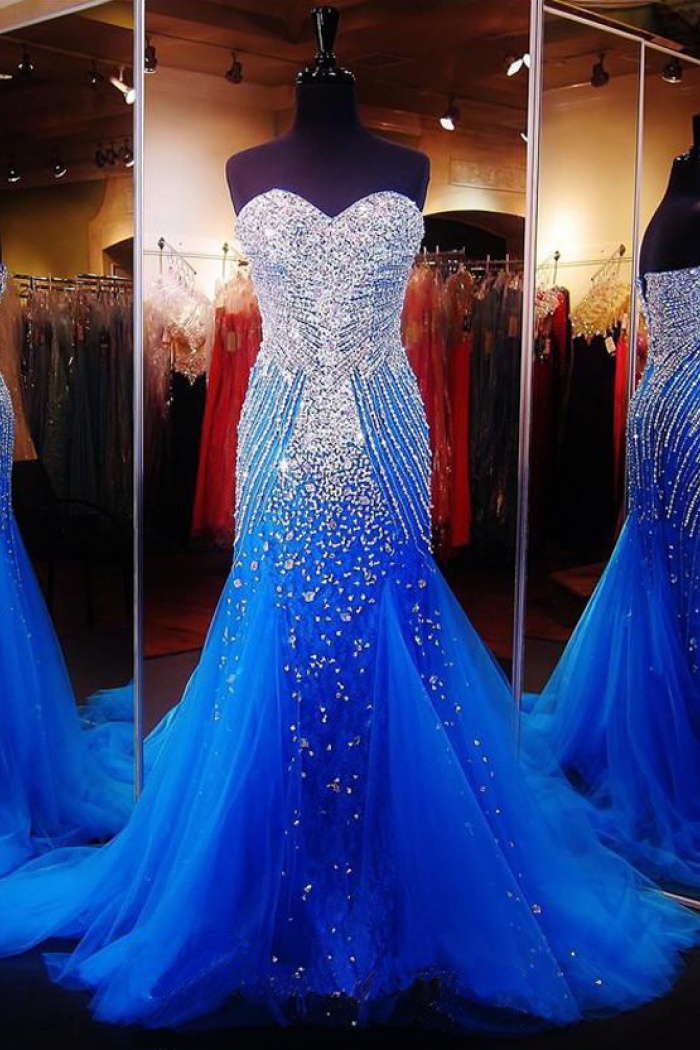 dark blue mermaid prom dress