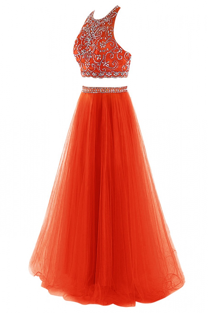orange 2 piece prom dress