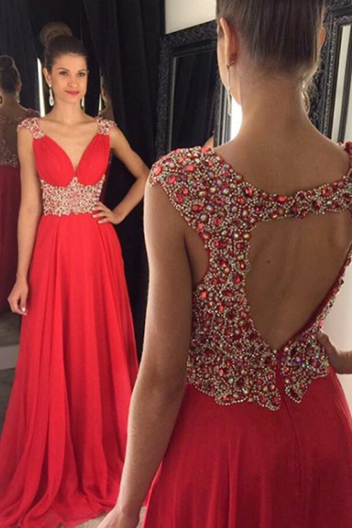 red prom dress with rhinestones