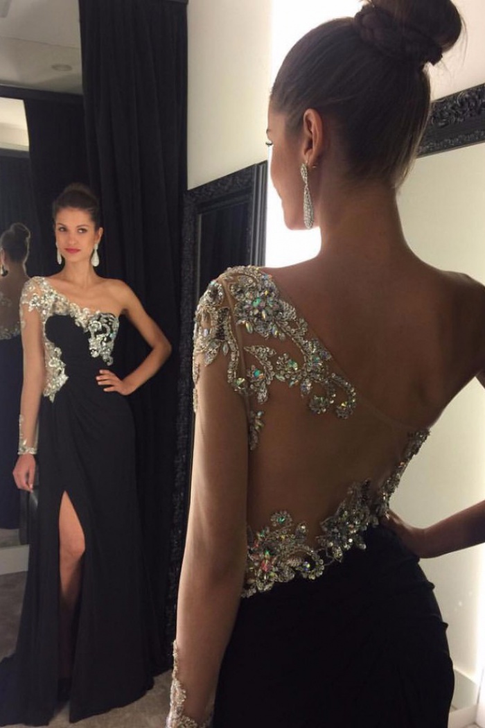 black sheer prom dress