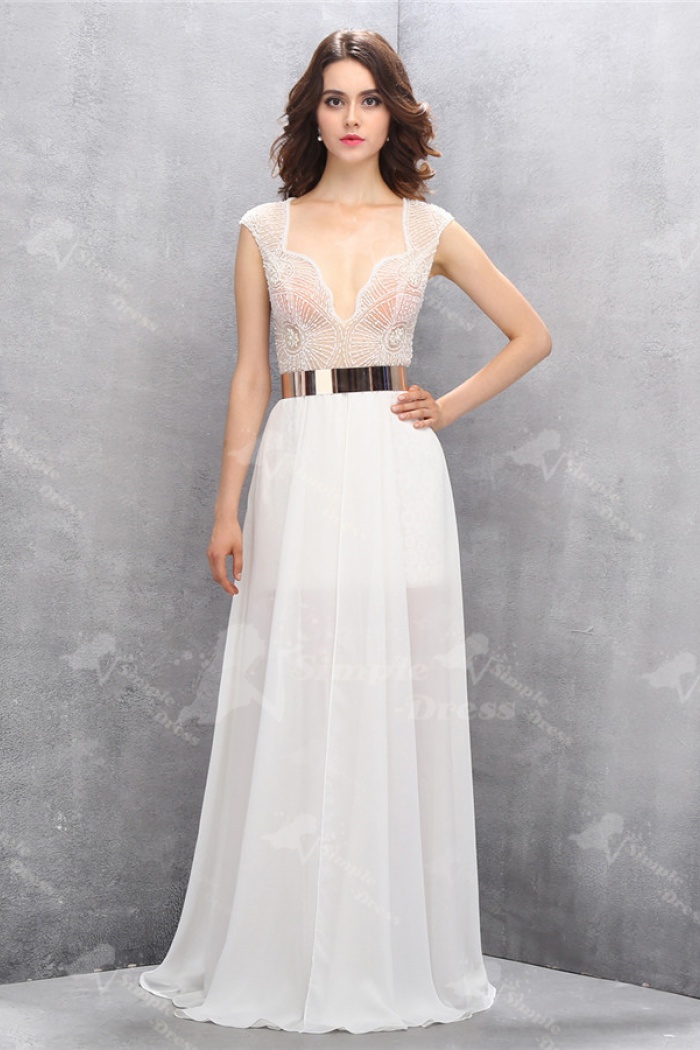 Sexy V Neck Floor Length White Chiffon Homecoming Dress With