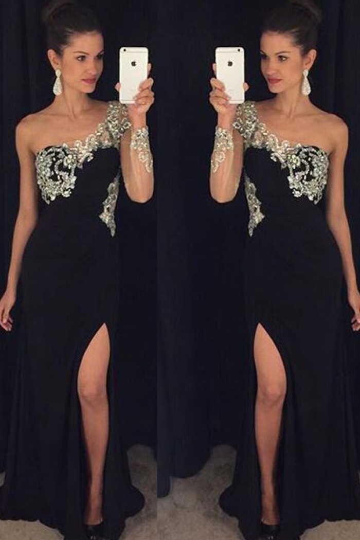 black one shoulder prom dress