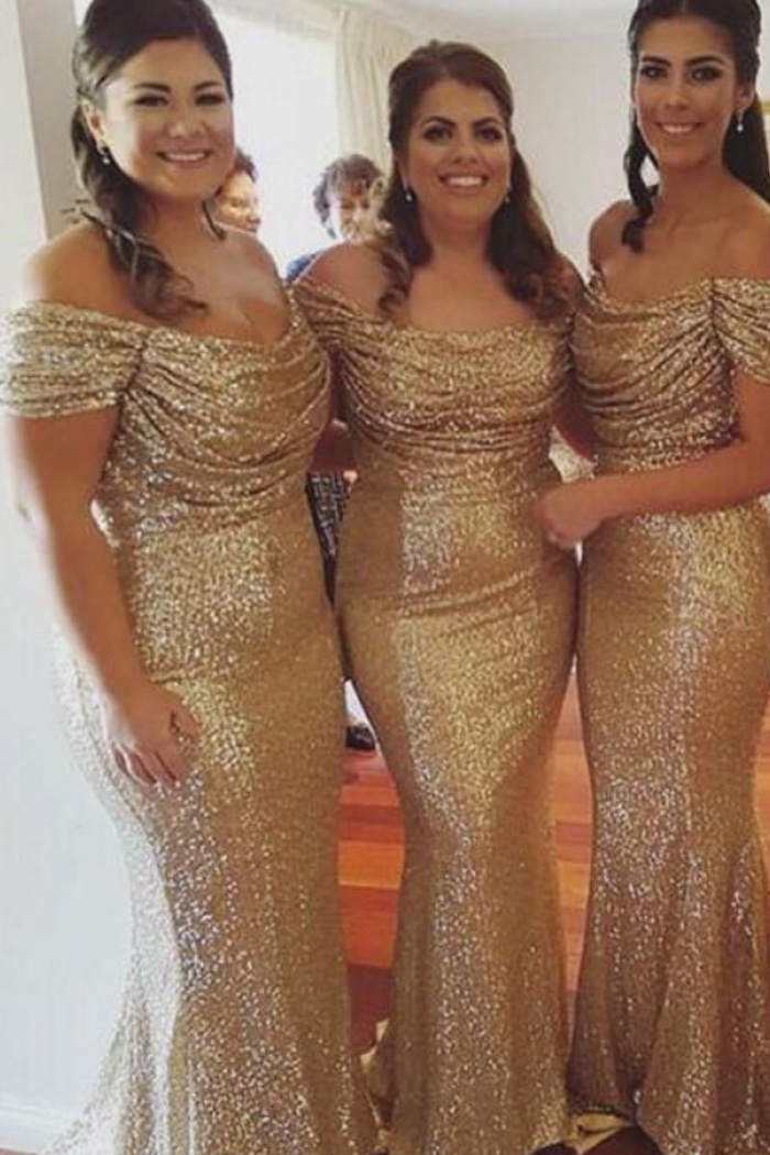 gold prom dress off the shoulder