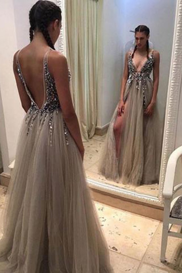 Deep V-Neck Appliqued Tulle Open Back Prom Dress Steel Grey main image 1