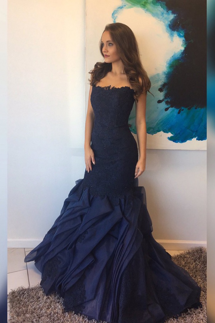 Navy Strapless Prom Dress