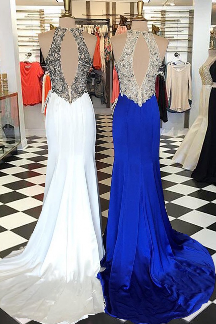 royal blue and white formal dress