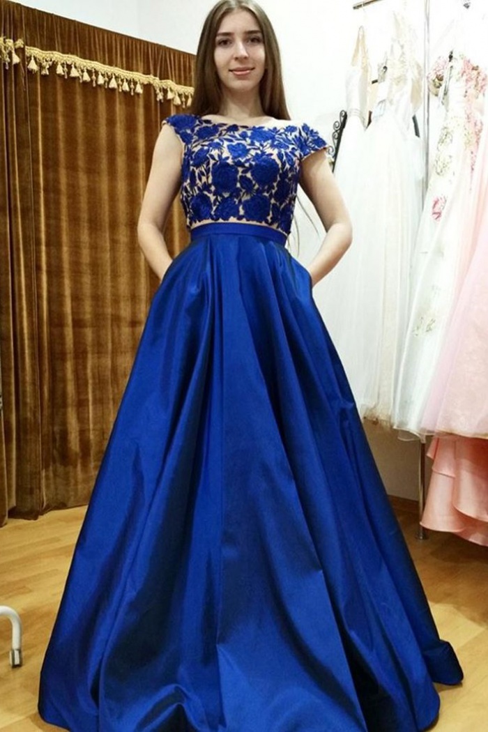 Two Piece Bateau Cap Sleeves Royal Blue Prom Dress  with 