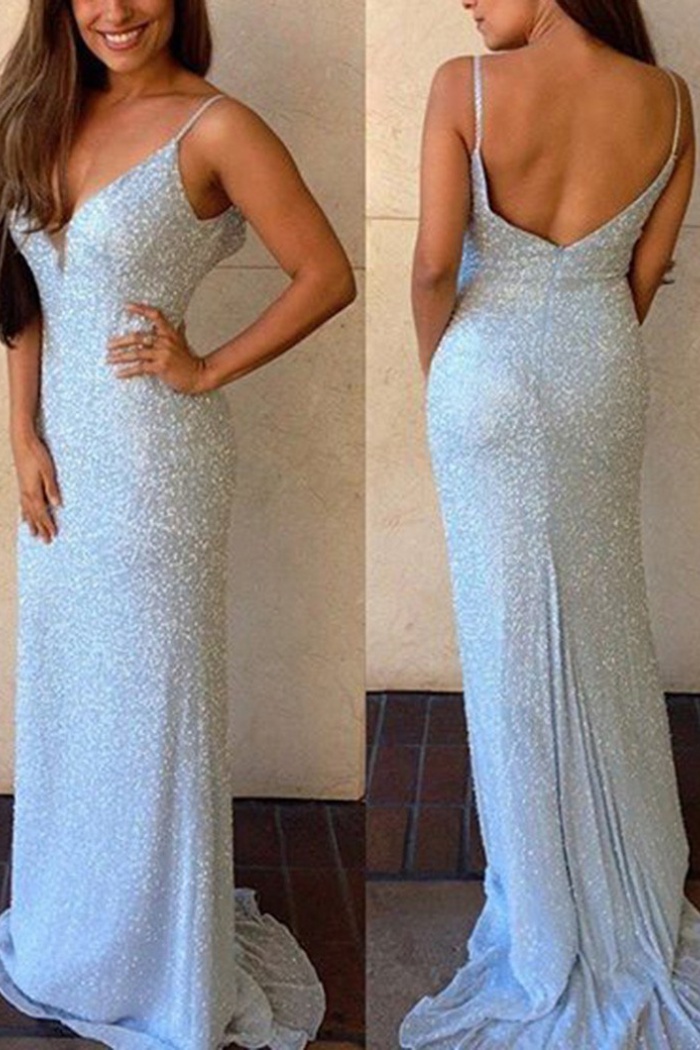 light blue sequin prom dress