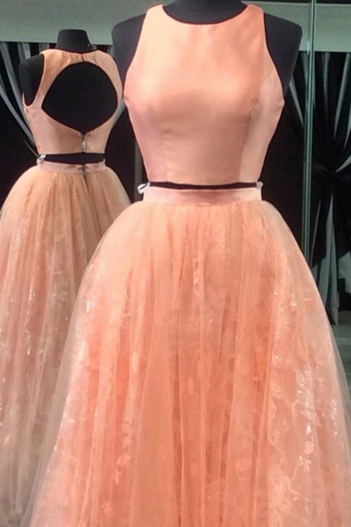 Two Piece Jewel Sleeveless Open Back Long Peach Prom Dress with