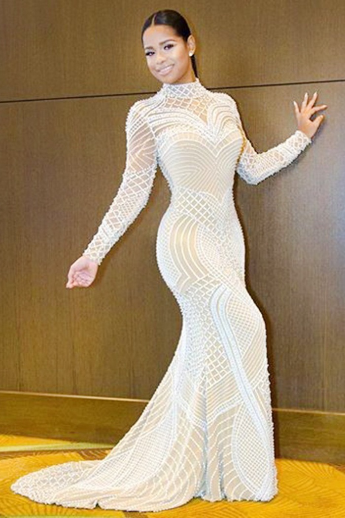 high neck long sleeve evening dress