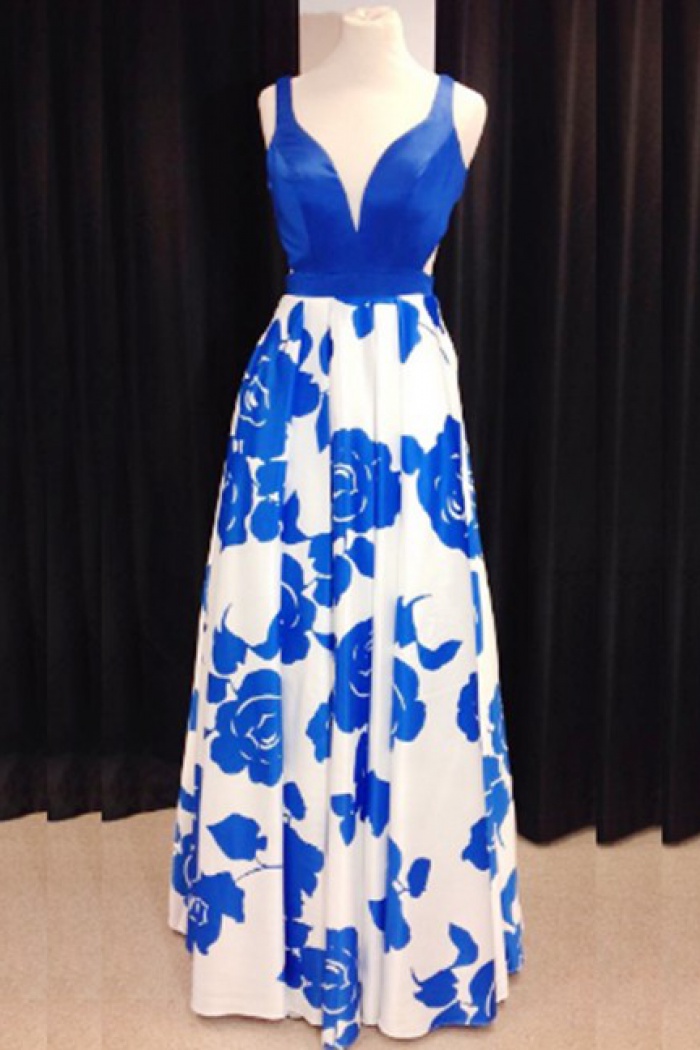 A Line Scoop Royal Blue Satin Floral Backless Prom Dress LBQ3942 main image 1