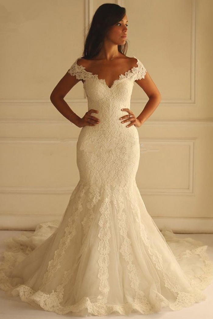 off shoulder short sleeve wedding dress