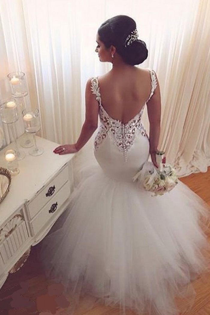 Stunning Scoop Sleeveless Floor Length Mermaid Wedding Dress With Lace Top Backless Stunning Scoop Sleeveless Floor Length Mermaid Wedding Dress With Lace Top Backless