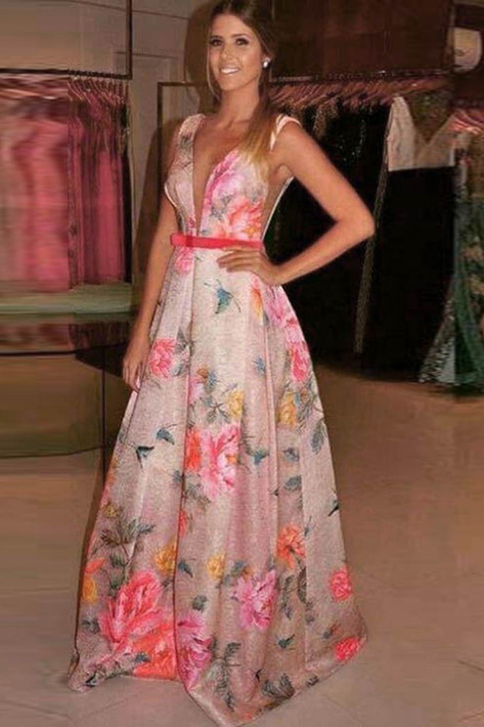 Straight Across Bow Floral  Printed Satin A-Line Prom Dress