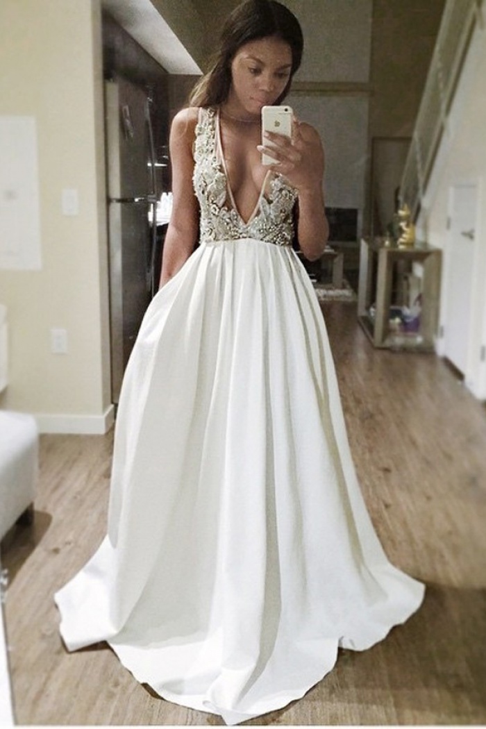 a line v neck satin prom dress