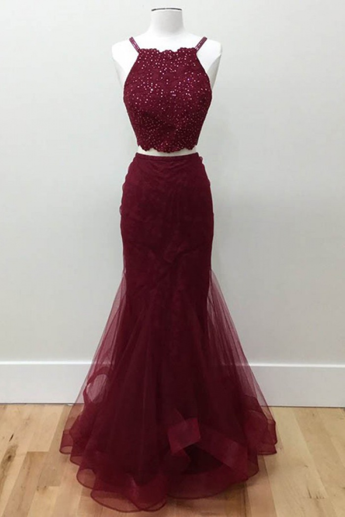 burgundy tulle prom dress