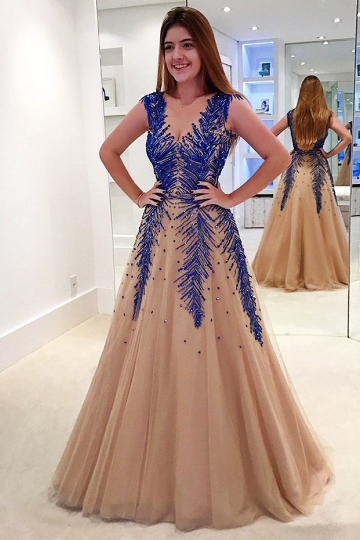 deep v neck tulle prom dress