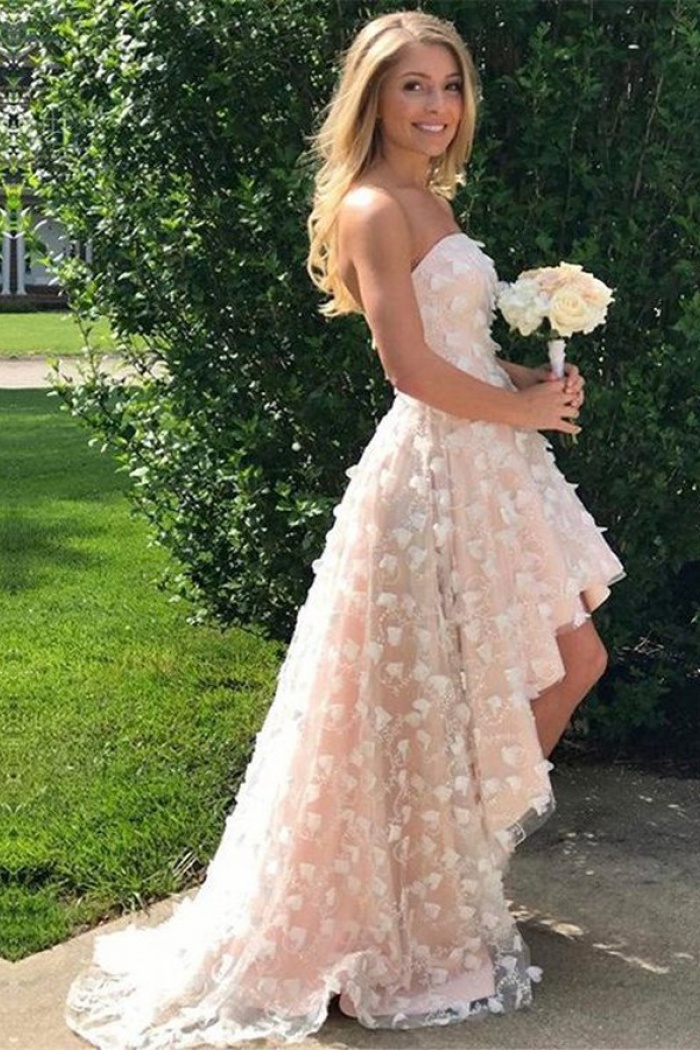 High Low Strapless Pearl Pink Lace Prom Dress With Appliques