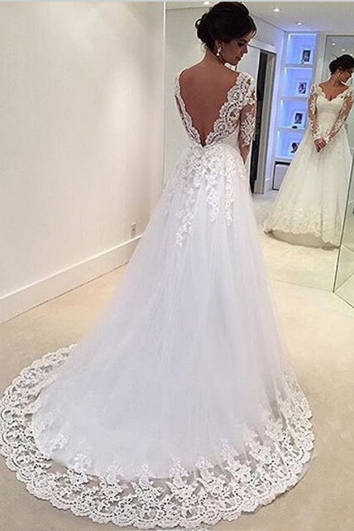 long sleeve v back wedding dress