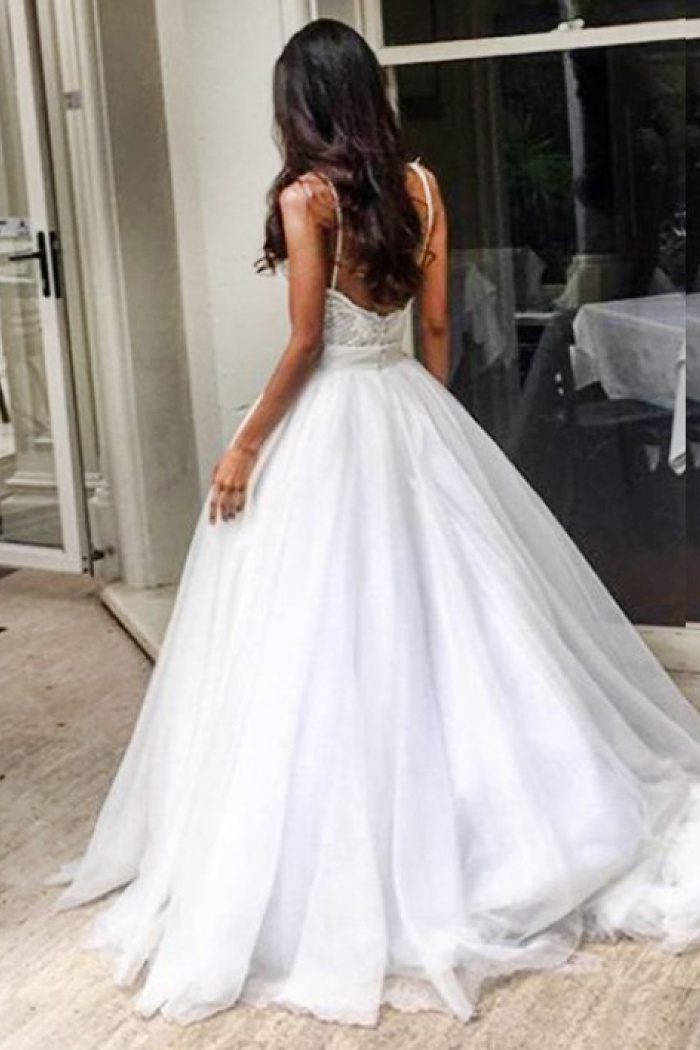 Elegant Sweep Train Backless Wedding Dress With Lace Top Spaghetti