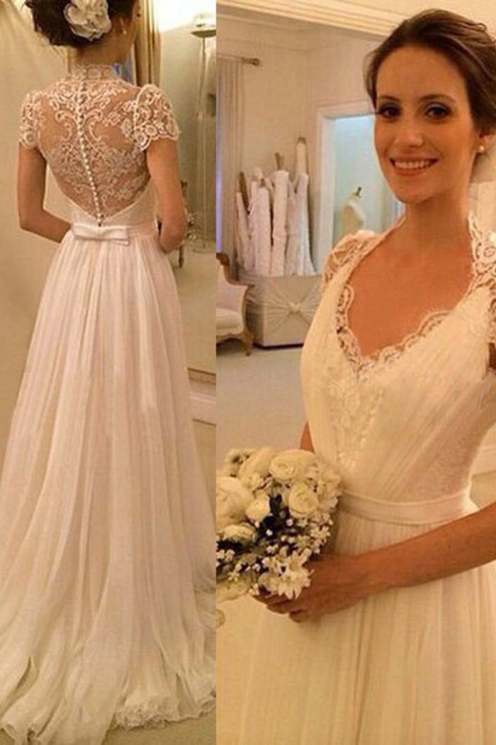 lace a line wedding dress with cap sleeves