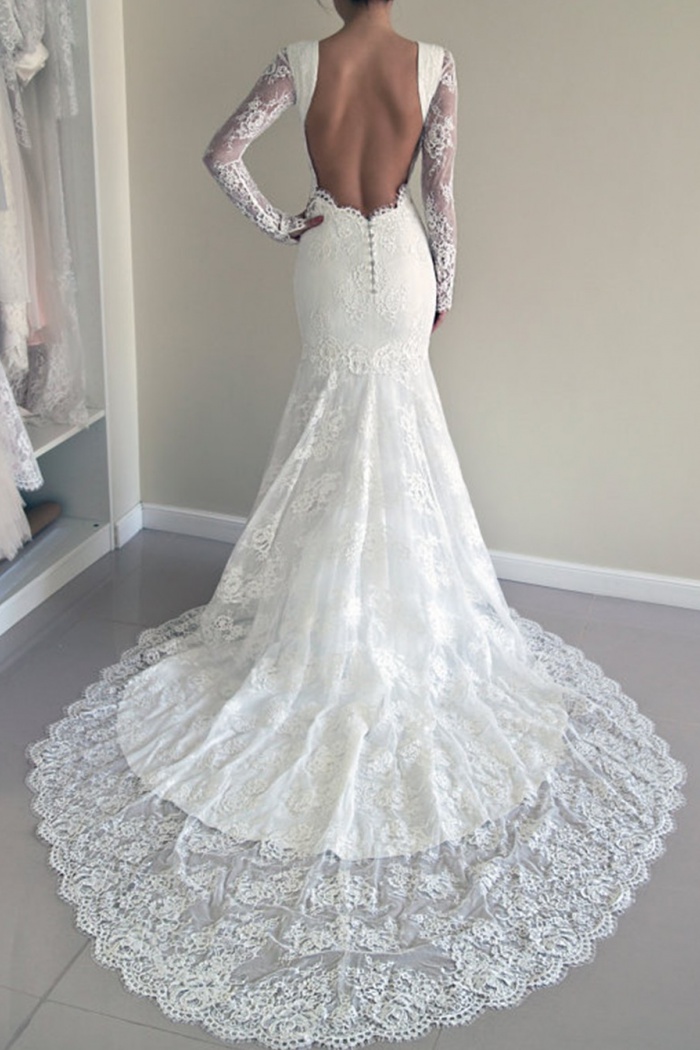 Stunning Jewel Long Illusion Sleeves Court Train Sheath White