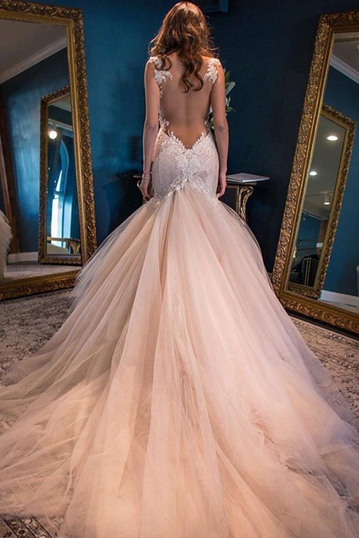 peach mermaid wedding dress