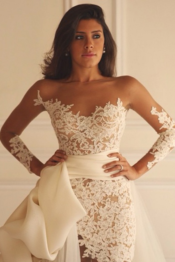Fabulous Detachable Bateau Sheath Illusion Long Sleeves White Lace Fabulous Detachable Bateau Sheath Illusion Long Sleeves White Lace Wedding Dress 1
