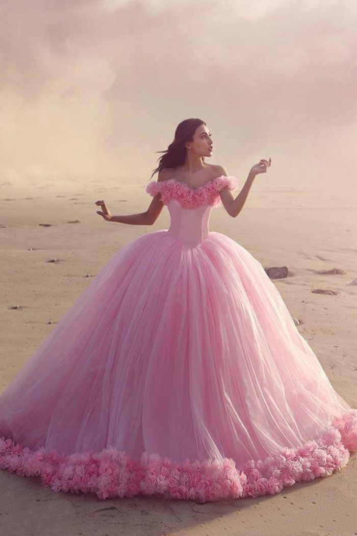 Ball Gown Off-the-Shoulder Pink Tulle Wedding Dress with Flowers - Wisebrid...