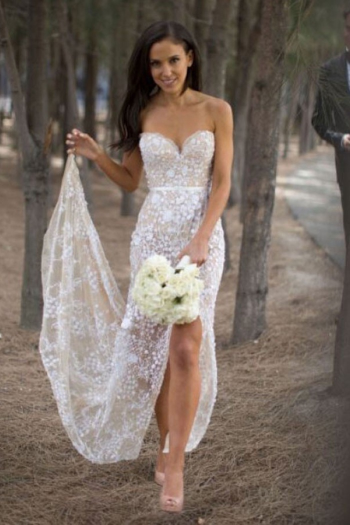 asymmetrical lace wedding dress
