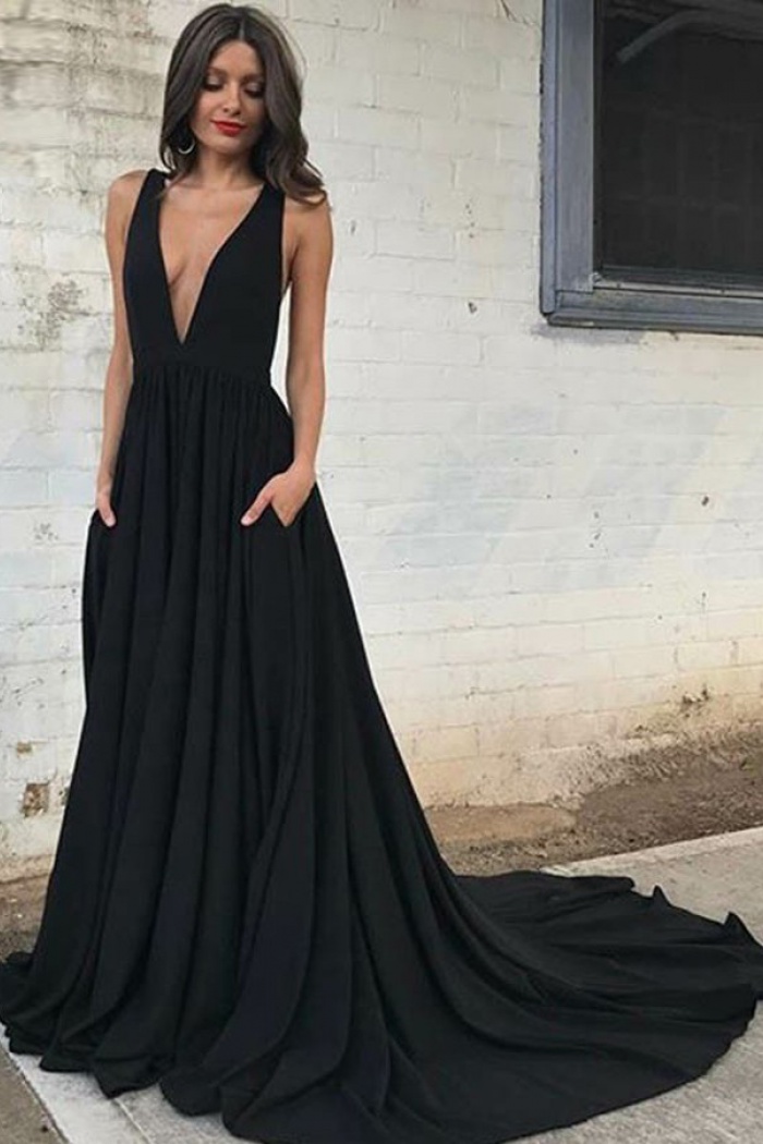 A-Line Deep V-Neck Backless Court Train Black Prom Dress ...
