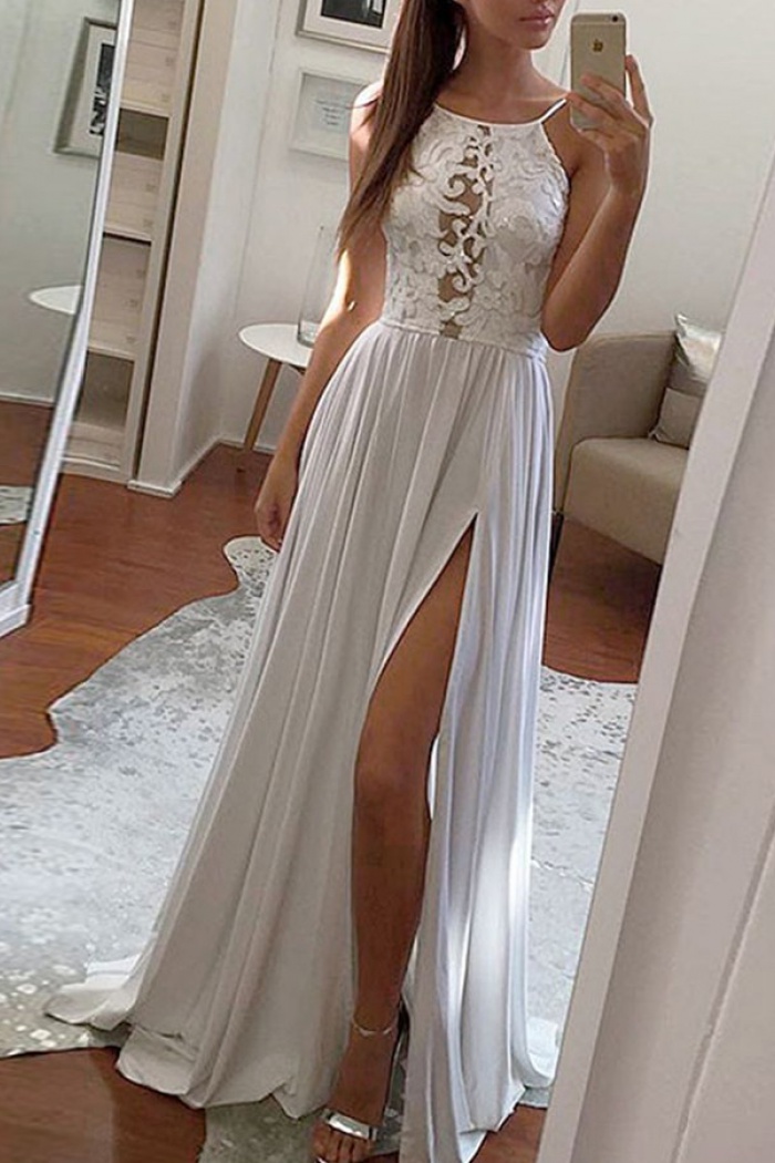grey lace formal dress