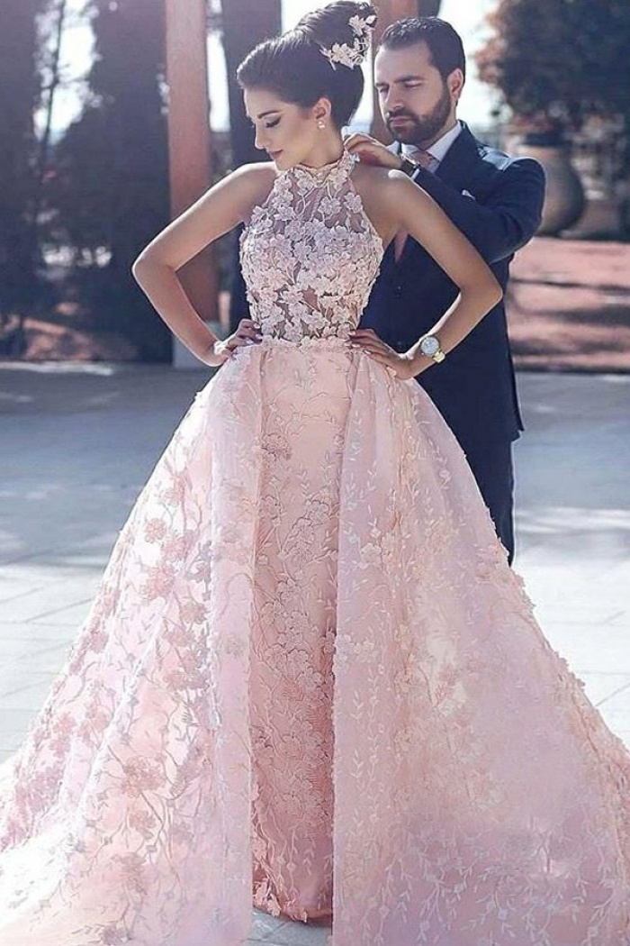 high neck open back prom dress