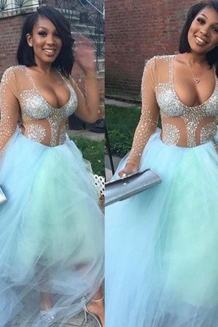 light blue open back prom dress