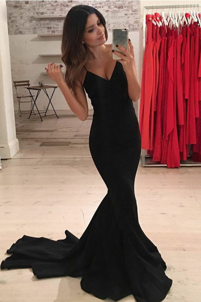 black silky prom dress