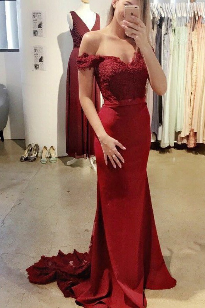 Burgundy Mermaid Off-the-Shoulder Lace Appliques Prom Dress Detachable Skirt JTE122