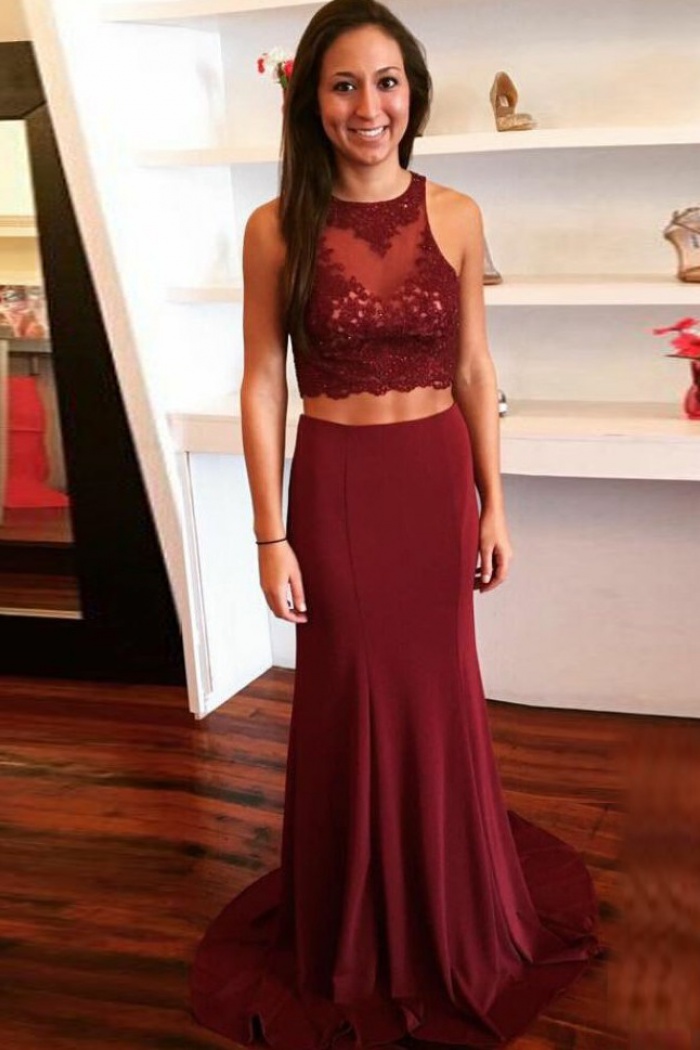 maroon two piece prom dress