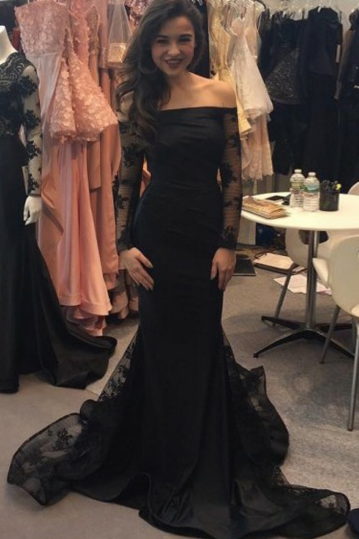long sleeve off the shoulder mermaid prom dress
